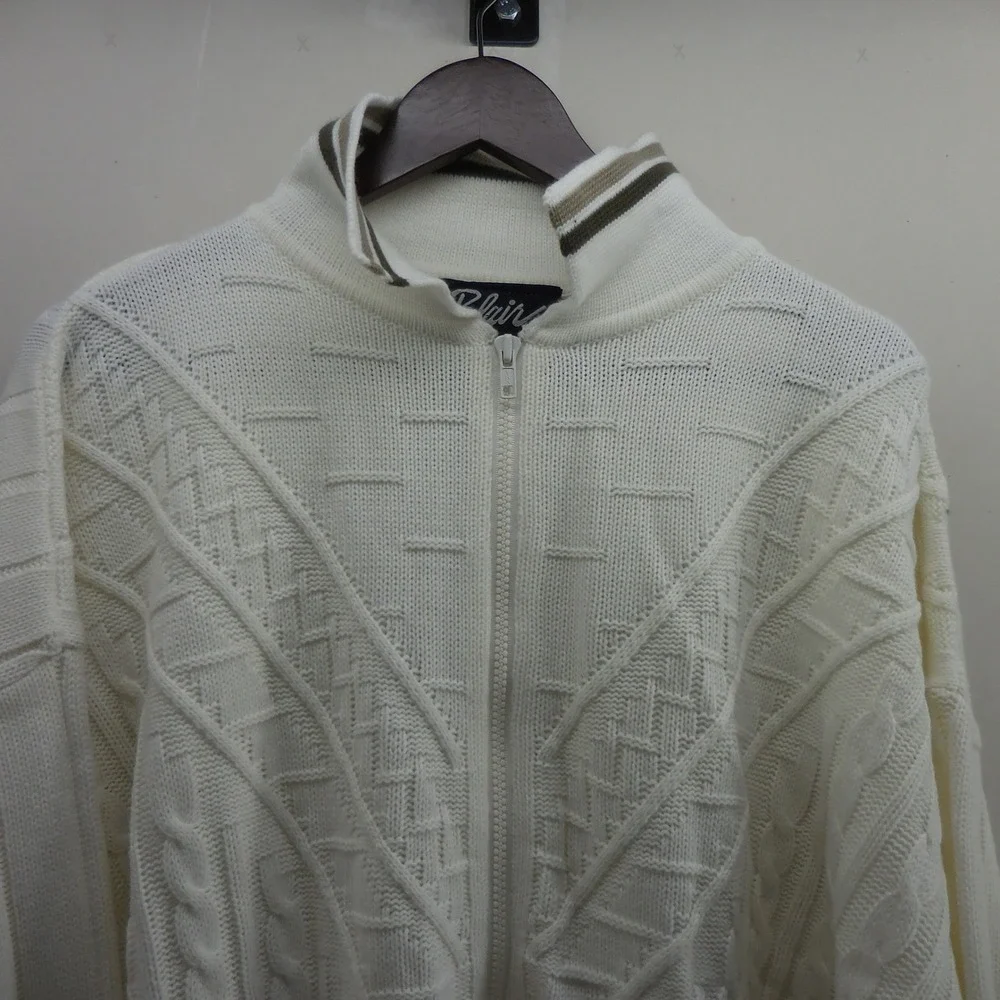 Blair Mens 3XL Full Zip Cable Knit Sweater Natural Cream Mock Neck Vintage 2173